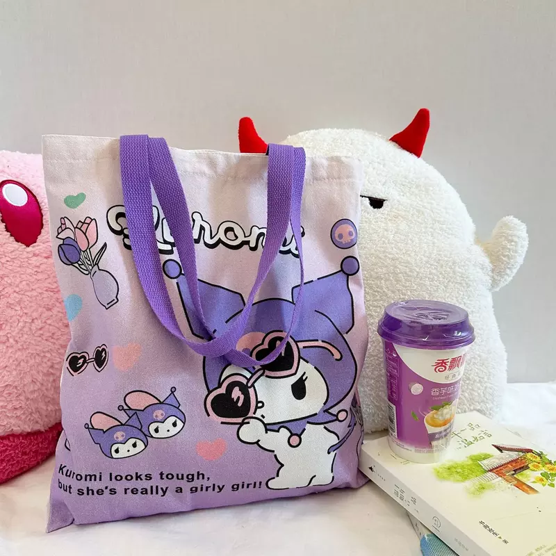 กระเป๋าผ้าแคนวาสน่ารัก Sanrio Kuromi Hello Kitty Cinnamoroll กระเป๋าช้อปปิ้งความจุขนาดใหญ่ลำลองกระเป๋าสะพายไหล่ของผู้หญิง