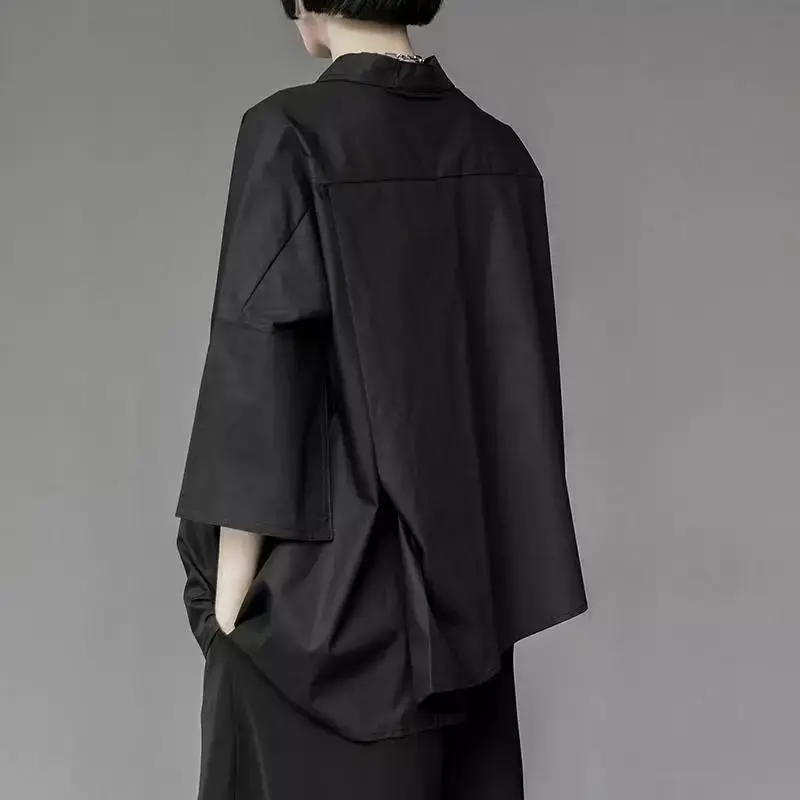 Y2K Women Chiffon Black Shirt Gothic Fashion Streetwear Loose Tops Dark Academic Irregular Casual Three Quarter Female Blouse