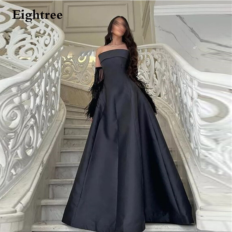 Eightree Đen Vintage VÁY ĐẦM DẠ Abendkleider Dubai Dây Lông Vũ Áo De Soirée Vestidos De Dạ Tiệc Form Đầm Suông 2022