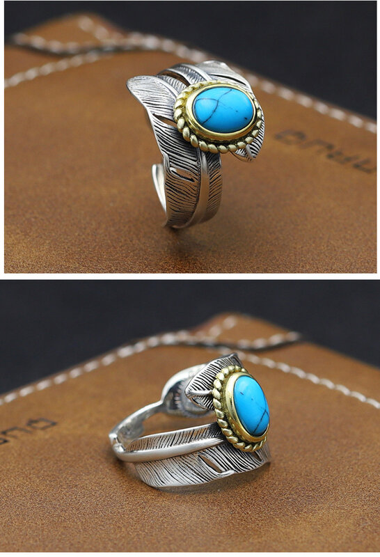 Anillo de plumas indias de plata de ley S925, conjunto vintage de moda turquesa, anillo abierto para hombres y mujeres, regalo de joyería, precio de fábrica
