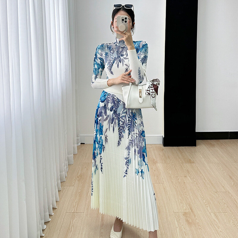 Miyake Fashion Set Women's 2024 Autumn New Temperament Leisure Commuter High End Print Pleated Long Sleeve Two Piece Set