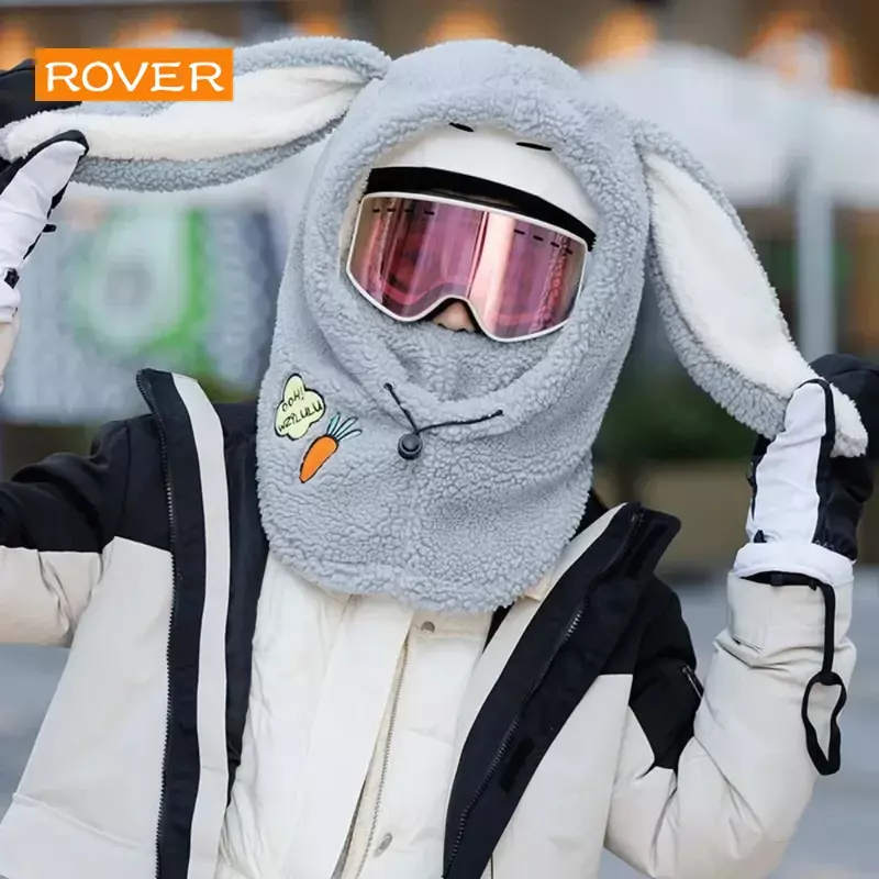 Casco de oreja de conejo, cubierta de esquí cálida de invierno, cómodo forro polar suave, calentador de cabeza de esquí de dibujos animados, lindo sombrero decorativo