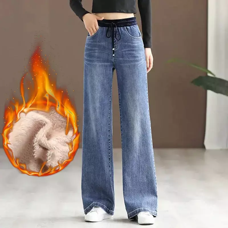 Jeans de perna larga vintage feminino, calças jeans de pelúcia, calças largas, cintura alta, grande, quente, grossa, mais, 34, inverno