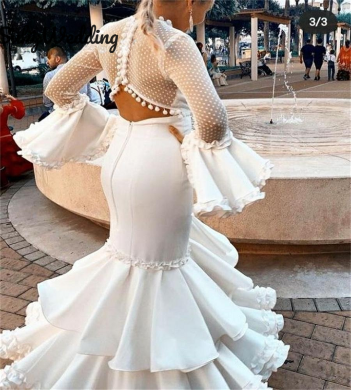 Manga comprida Polka Dots ilusão Mesh Prom Dresses, Flounce vestido de dança, marfim sereia, vestido de noite espanhol, vestido formal