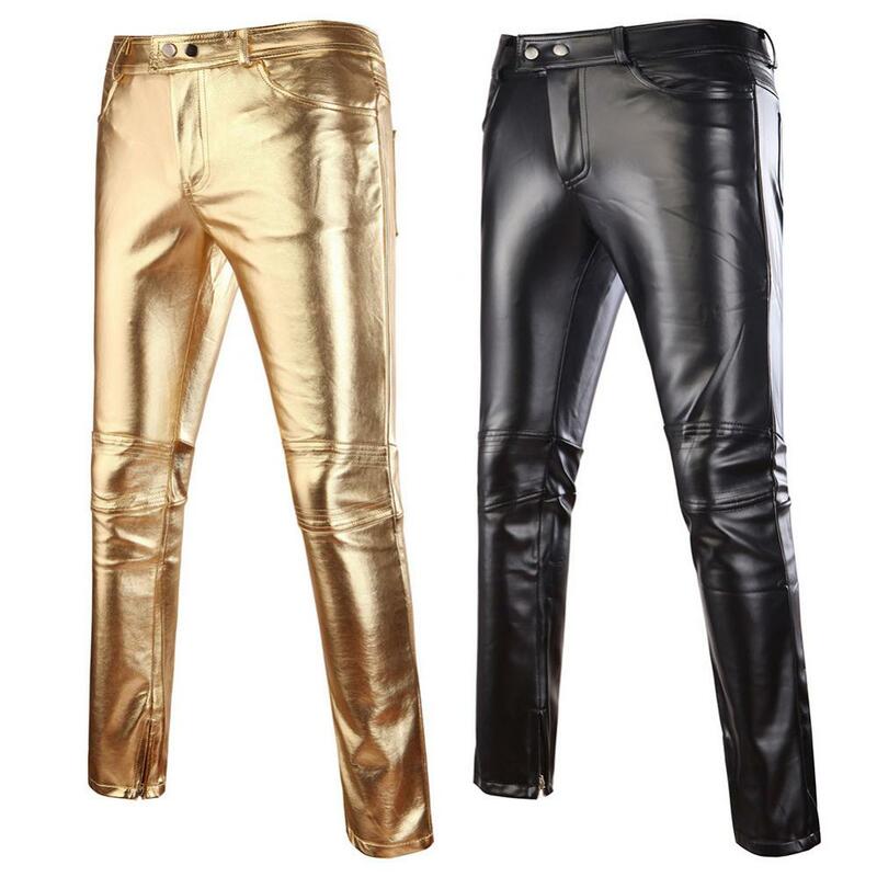Pants Casual Men Button Trousers Trouser Solid Color Faux Leather Skinny Motorcycle Club Trousers
