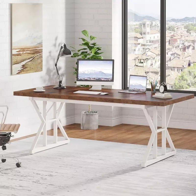 Офисный стол 70,8 дюйма, современный ноутбук в минималистичном стиле, офисный стол, письменный стол, для дома (коричневый/белый, 70,8 дюйма)