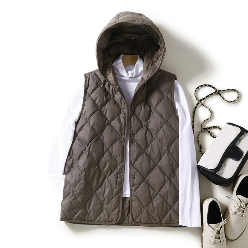 Colete feminino ultra leve, jaqueta curta solta com capuz sem mangas, colete de algodão feminino, outwear monocromático, outono, inverno, novo, 2023