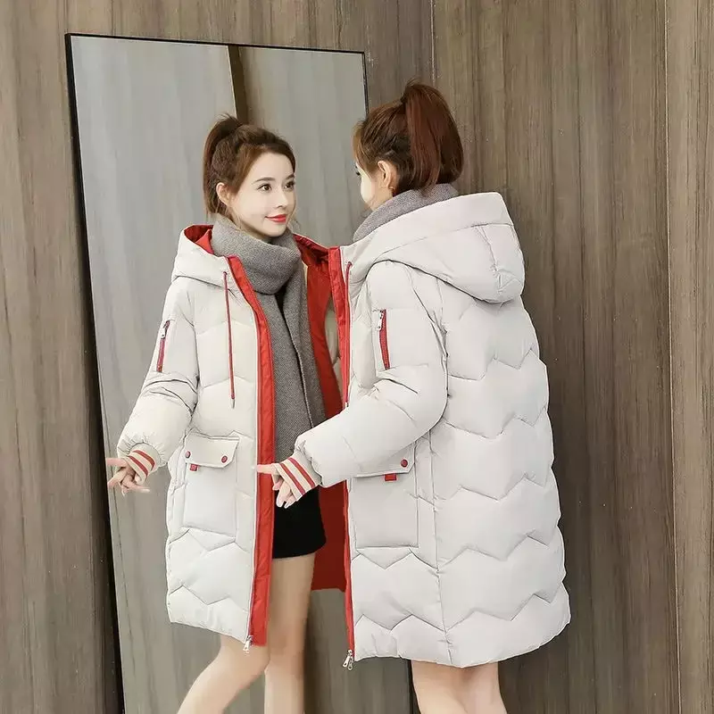 Frauen Wintermantel mittellange Baumwolle gepolsterte Parkas Kapuze warm verdicken lässigen Mantel losen Schnee tragen feste Outwear Jacke 4xl