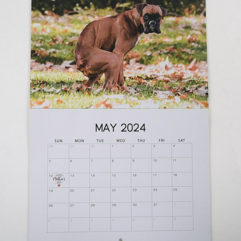 Calendário do cão com design engraçado do cão, calendário para sala de estar, geladeira, quarto de estudo, 12 meses, engraçado, cocô, 2024