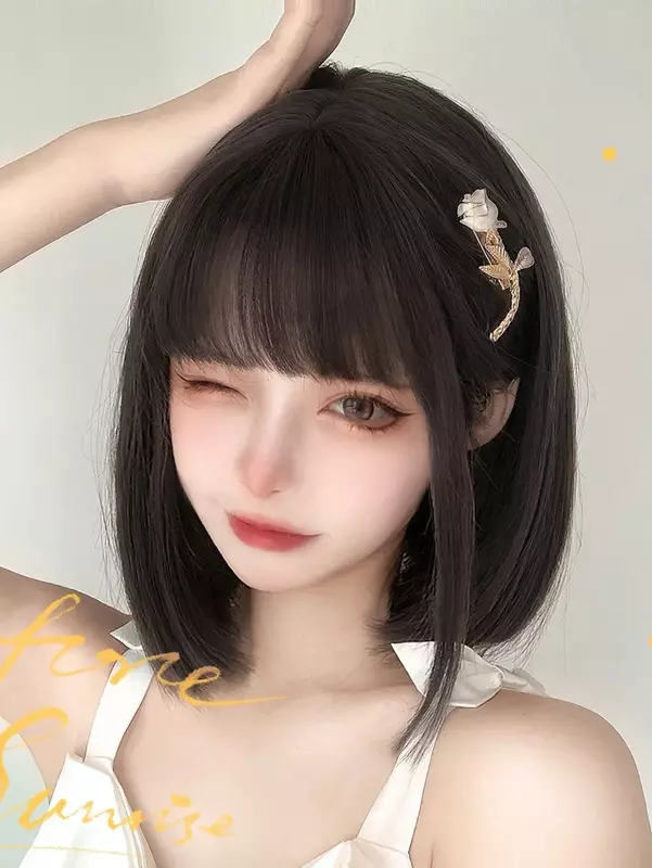 12Inch Natural Black Synthetic Wigs With Bang Short Natural Straight Hair Wig For Women Daily Use Cosplay Heat Resistant Lolita