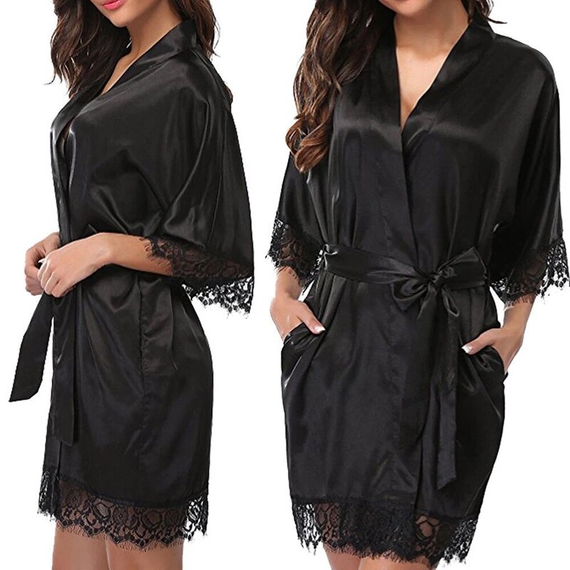 Women Sexy Sleepwear Silk Satin Lace Border Robe Dress Half Sleeve Nightgown Comfortable Soft Smooth Bathrobes Lingerie