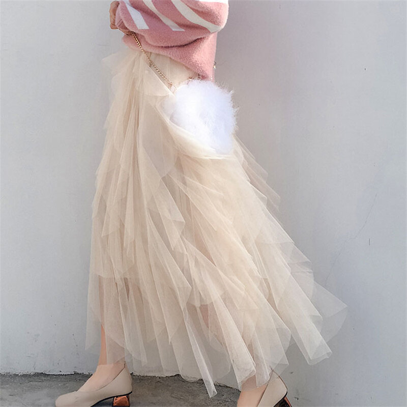 Faldas de gasa para mujer, falda de malla de punto, longitud media, color liso, estilo coreano, elegante, para fiesta, verano, 2024