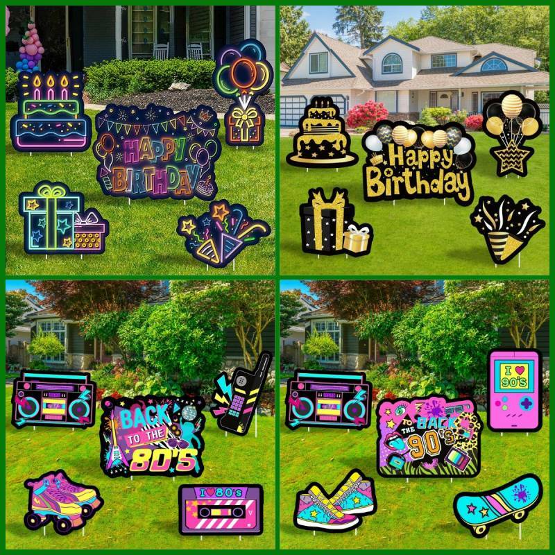Letreros de feliz cumpleaños para patio, suministros de decoración al aire libre para niños, príncipe real, neón, negro, dorado, impermeable, utilería para fotomatón