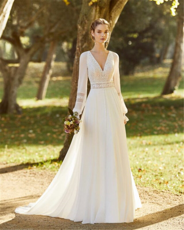 Nowoczesna suknia ślubna bez pleców w ogrodzie prosta dekolt w serek z długim rękawem suknie ślubne w kraju szyfonowa vestido de noiva