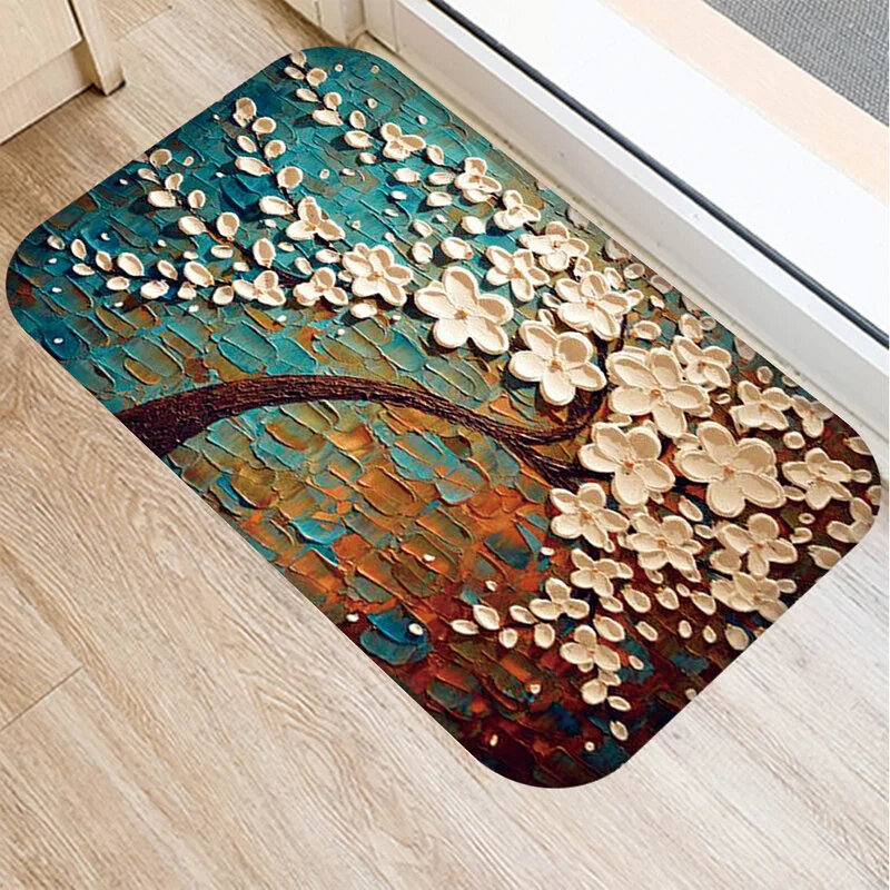 Tappeto con stampa di fiori e alberi tappeto in stile pittura a olio per bagno camera da letto soggiorno ingresso zerbino Decor tappetino antiscivolo
