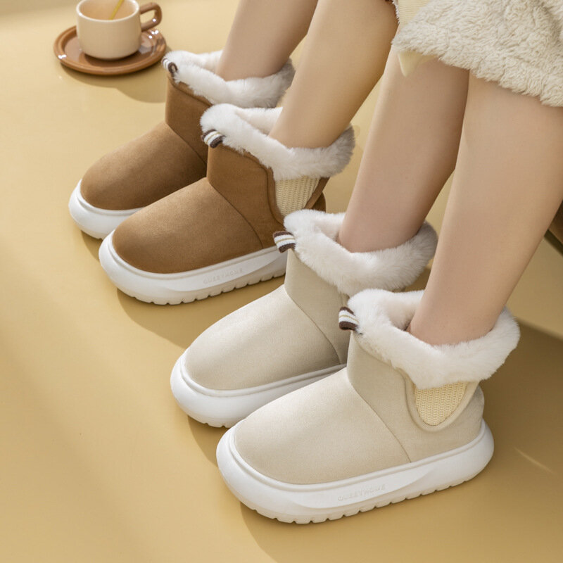 Bottes de neige en coton suédé pour femmes, semelle optique d'hiver, haut, peluche, pantoufles, intérieur, maison, extérieur, chaussures