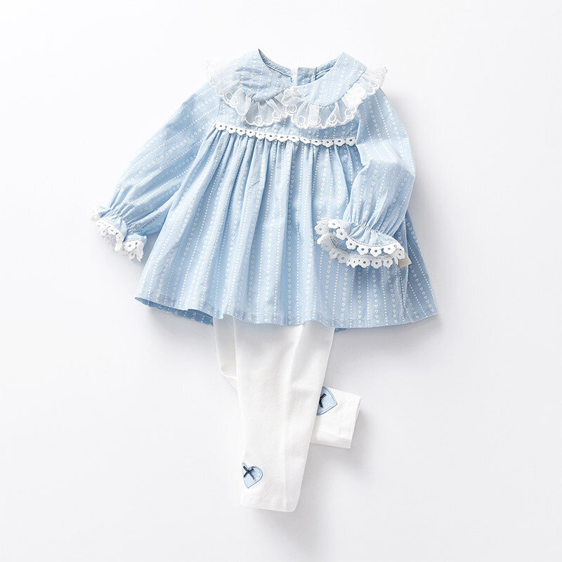 Conjunto de ropa para niñas recién nacidas, Tops de encaje de manga larga con cuello Peter Pan y Leggings, conjunto de 2 piezas, ropa infantil de 0 a 4 años