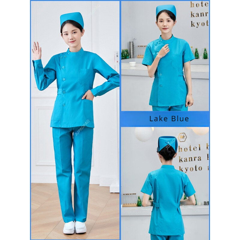 Uniformes de enfermería para mujeres y hombres, conjunto de Top y pantalón, tela fina de popelina azul marino, ropa de trabajo pequeña, S-3XL