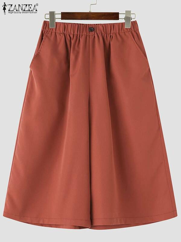 Women Solid Pockets Pantalon ZANZEA Korean Wide Leg Pant 2024 Summer Elastic Waist Capris Vintage High Waist Baggy Short Trouser