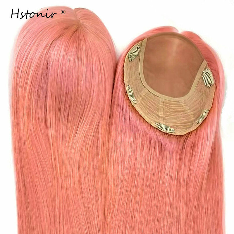 Hstonir rosa peruca do cabelo humano para as mulheres grampo em seda topo europeu remy extensões de cabelo peças cabelo mágico topper tp26
