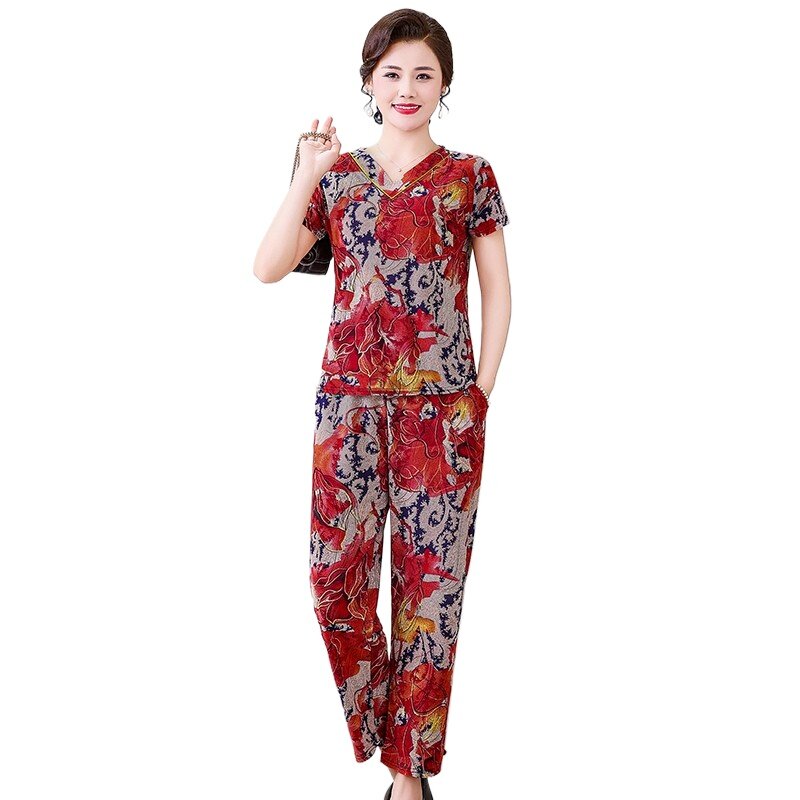Summer Printing Round Neck Short Sleeve T-shirt Pants Ice Silk Suit Women's Clothing Mother's Attire 2-piece Set