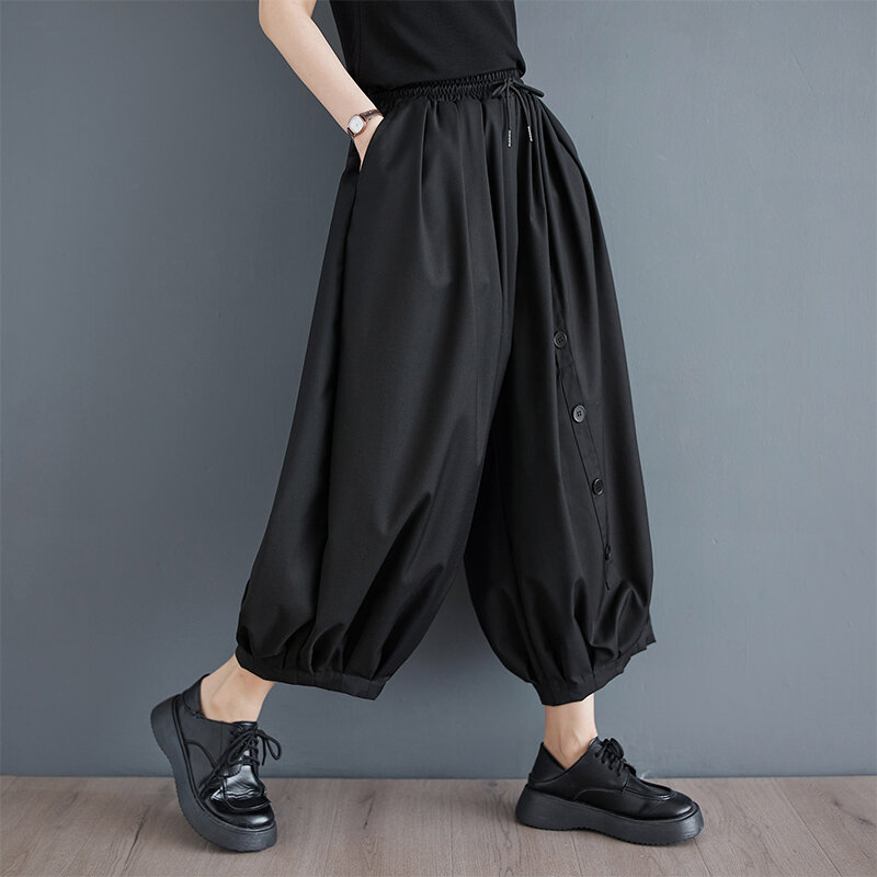 Japanische Yamamoto-Stil hohe Taille Knopf dunkels chwarz Frühling Sommer weites Bein Hosen Culotte Mode Frauen lässig Bloomers Hosen