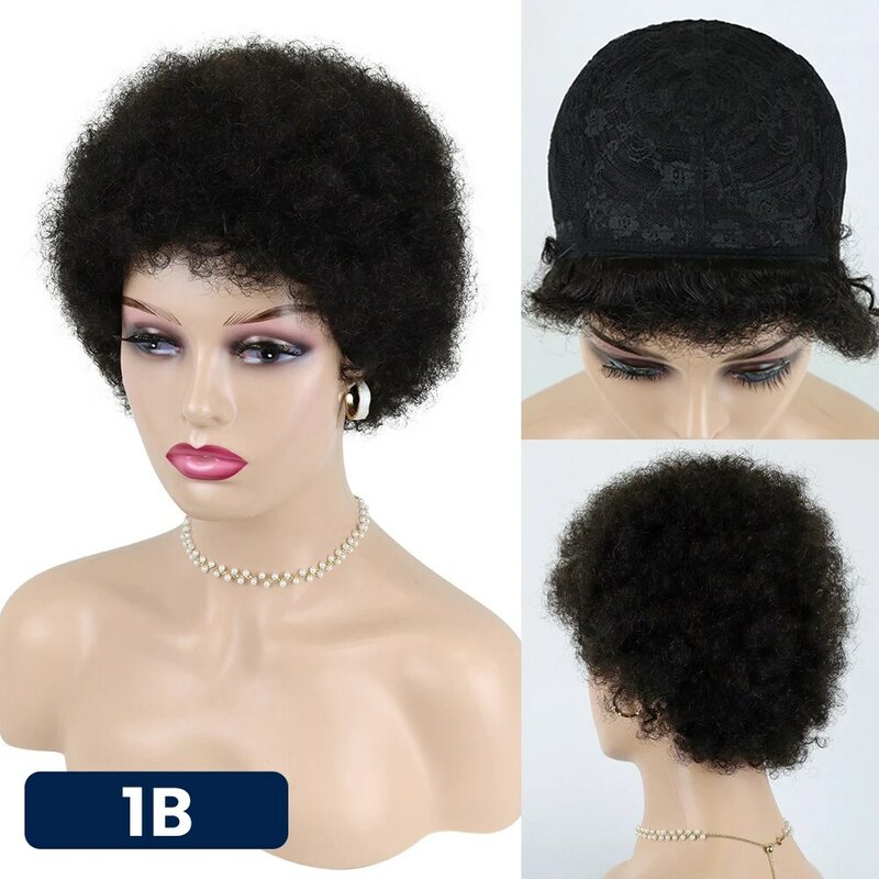 Pelucas de cabello humano Afro corto y rizado para mujeres negras, peluquín Afro esponjoso con flequillo, corte Pixie, brasileño, Remy, sin pegamento