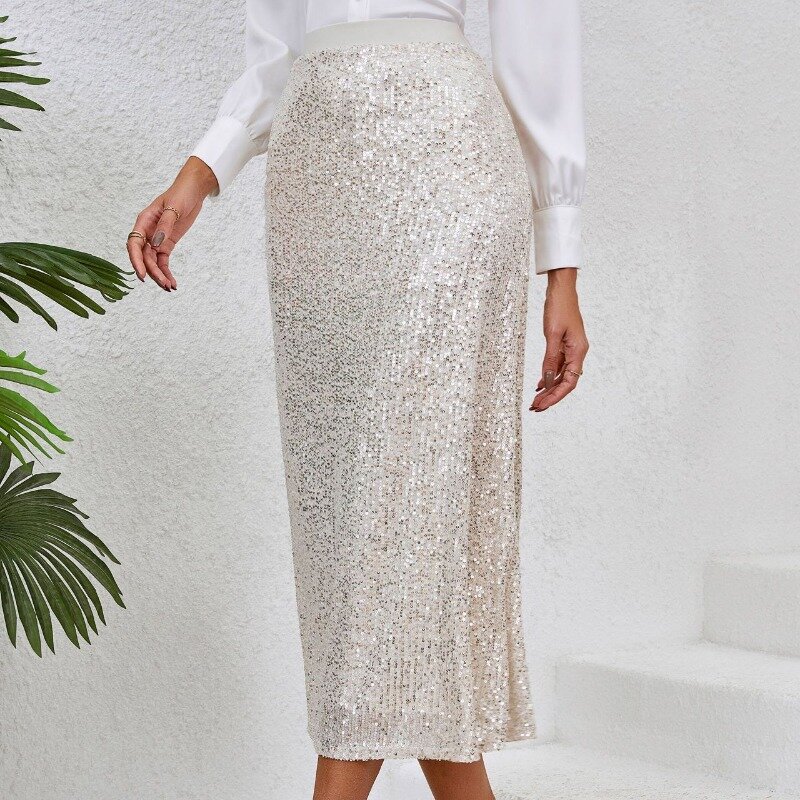 Modna elegancka cekinowa elastyczna spódnice Midi w talii na letnie sukienki 2024 nowa luźna, solidna spódnica w kształcie linii a dla kobiet