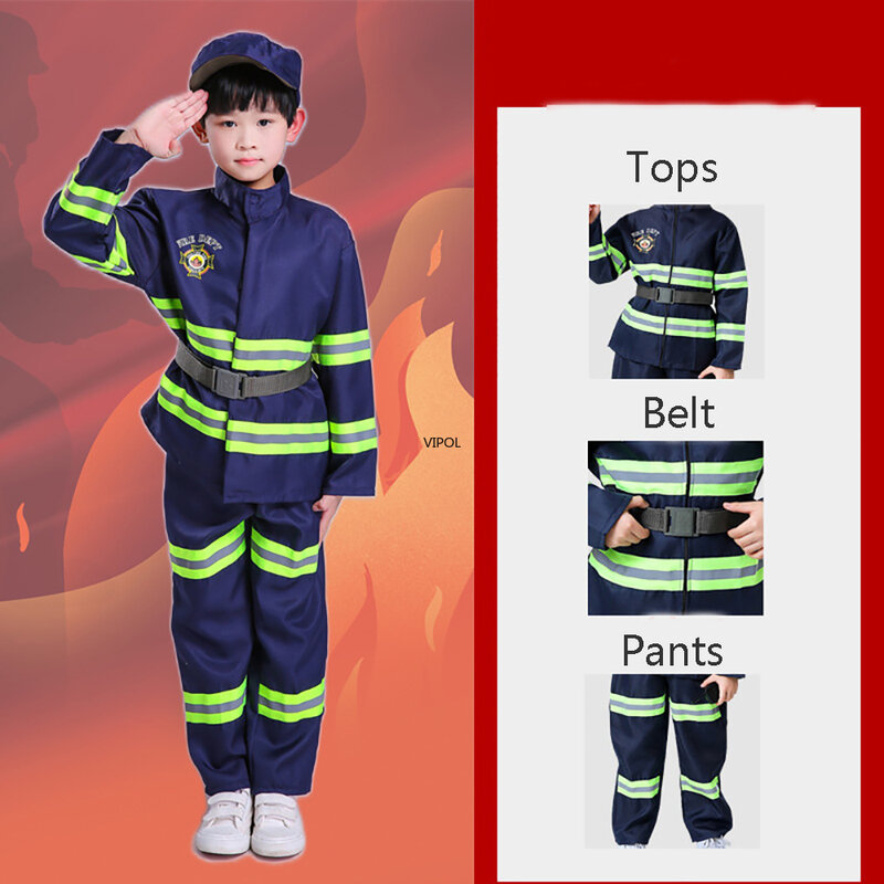 Halloween Children Firefighter Uniform Kids Cosplay Fireman Work Costume Suit Boy Girl Performance Party Costumes Birthday Gift