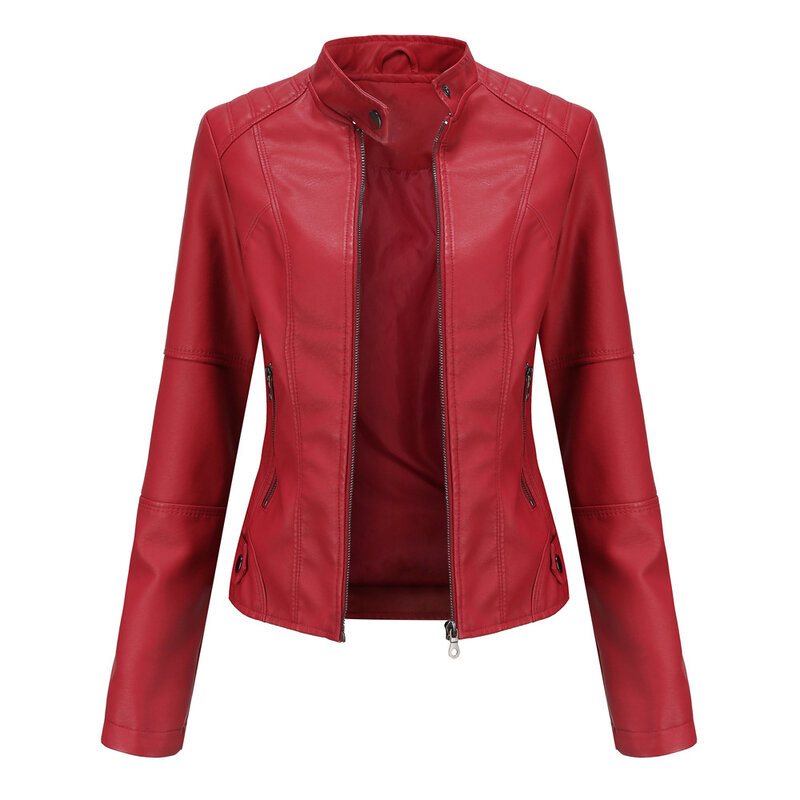 Jaket Kulit Wanita 2023 Musim Gugur Musim Semi Wanita Moto Biker Jaket Ritsleting Merah Hitam Aprikot Mantel Kopi Wanita Pakaian Luar Coklat