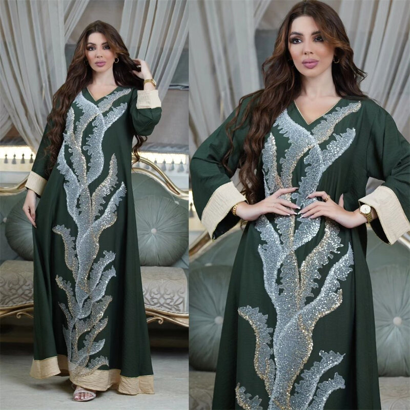 Vestido de lujo Vintage con bordado de lentejuelas, Abaya de manga larga, marroquí, árabe, musulmán, Ramadán, Jalabiya, Dubai, Turquía