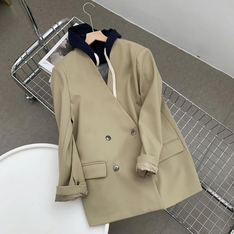 Insozkdg Blazer Women 2024 Spring New Korean Loose Design Collarless Outerwear Suit Jacket Women Clothing Autumn Casual Top Coat