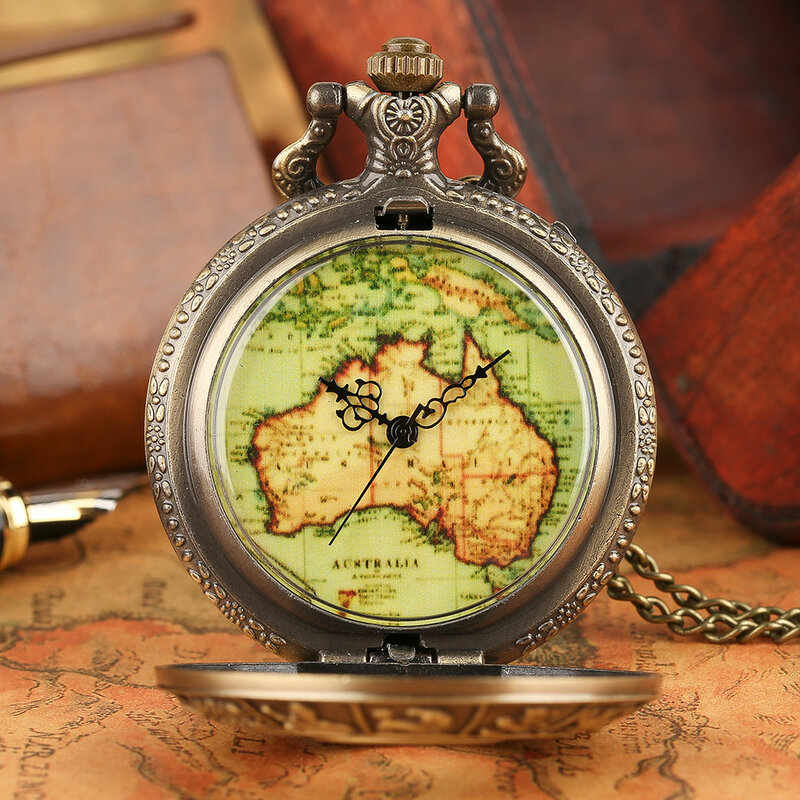 Vintage Green Australia Map Pattern Display Quartz Necklace Watch Men Women Zodiac Relief Hollow Alloy Case Pendant Pocket Clock