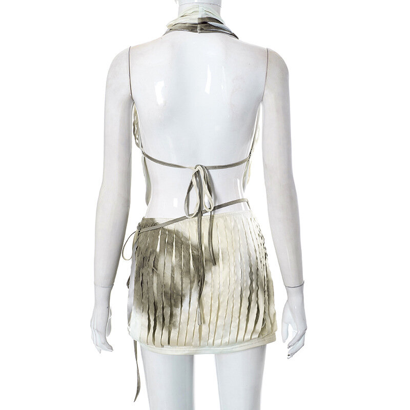Two Piece Sets Women Y2K Tie-Dye Pleated Bandage Skirts Set 2023 Fashion Backless Tank Tops Mini Dress Matching Sets