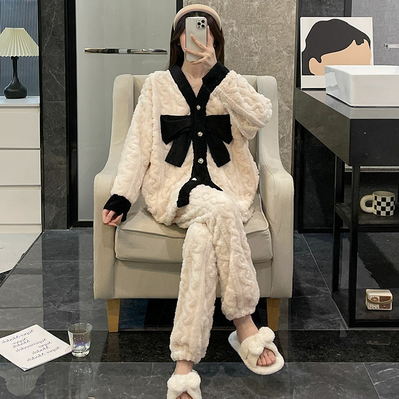 Pajamas women winter coral velvet 2023 new autumn winter fashion high-end bow princess style thickened home clothes freshing
