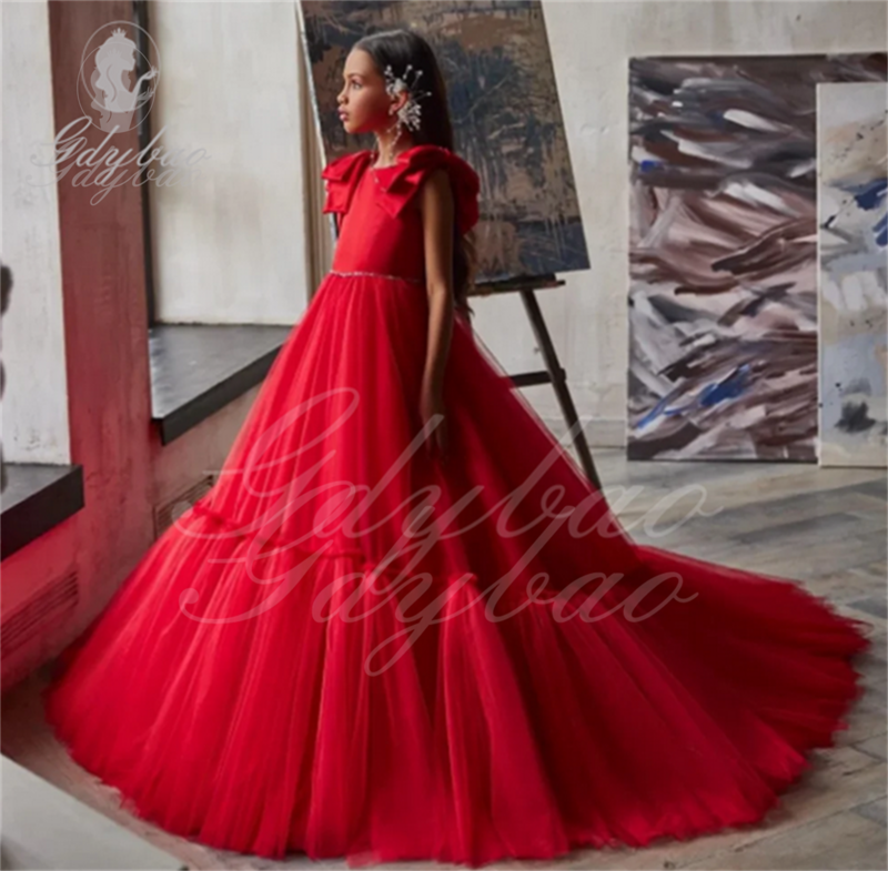 Vestido de dama de honra vermelho feminino, roupa de princesa infantil, vestidos longos, concurso de baile, comunhão, 13, 14 Ye