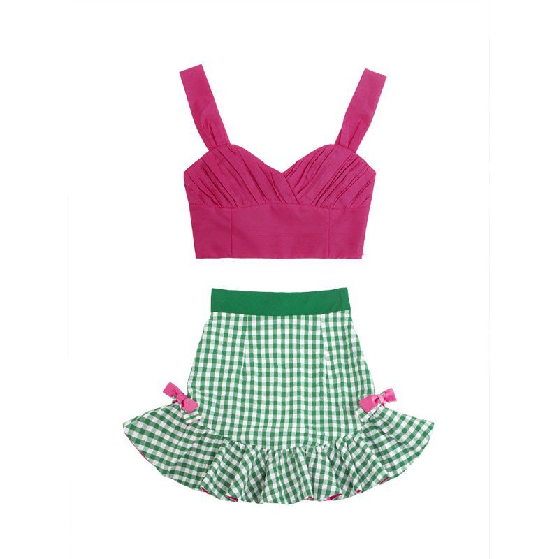 French Fashion Retro Sweetheart Spicy Girl Checkered Hundred Pleated Short Skirt Women's Summer Pleated Sling Set of Two
