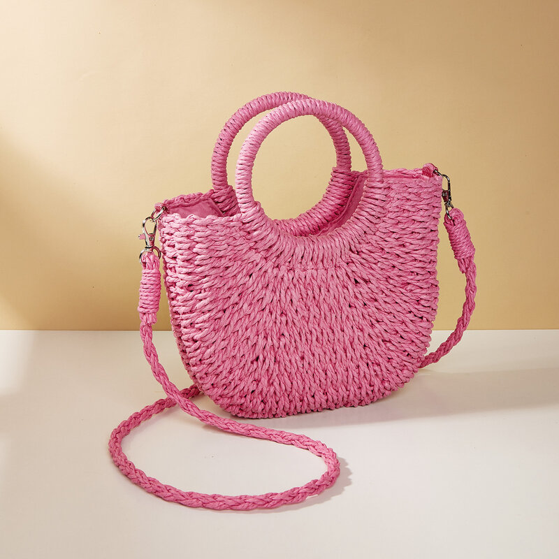 Saco de cesta de palha para mulheres, saco tecido à mão, casual, candy color, feito à mão, para o verão, praia, bolsa pequena, férias, 2024