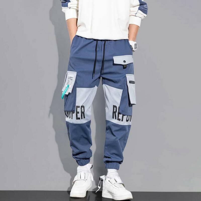 Calças multibolsos para homens, roupa de rua casual, cintura elástica, estilo hip-hop, cintura elástica