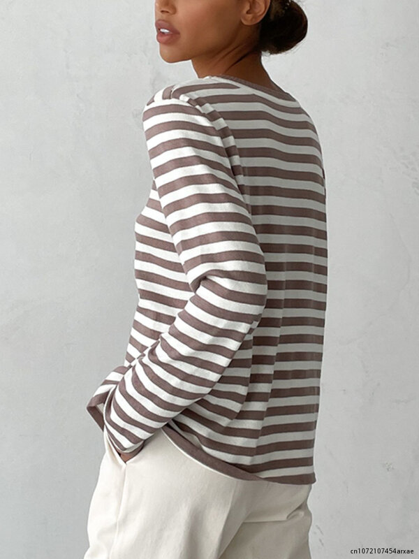 Knitted Stripe Sweater Women 2023 Autumn Winter Loose Casual Thick Pullovers Female Warm Long-sleeved Round Neck Tops