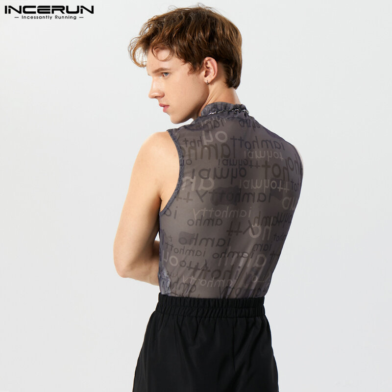 INCERUN 2023 Fashion Men Bodysuits Half High Collar English Print Slightly See-through Thin High Fork Sleeveless Jumpsuits S-5XL