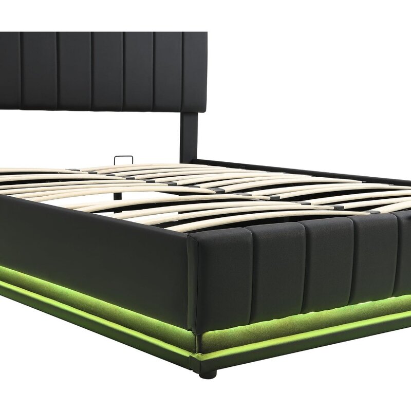 Bed frame, lifting storage bed, equipped with 16 color LED lights, socket and USB, PU padded modern platform bed frame