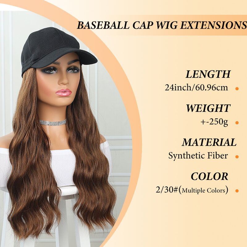 Casquette de baseball avec extensions de cheveux pour femme, perruque de chapeau réglable, postiches en fibre synthétique, cheveux longs ondulés, degré de chaleur, 24 po