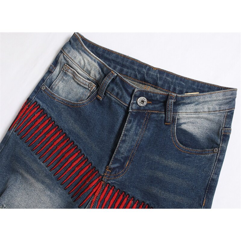 Jeansy w stylu Retro z postrzępionymi dżinsami męskie spersonalizowane haftowane modne moda uliczna marki Slim Fit sprane spodnie z wyższej półki