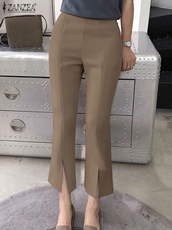 ZANZEA celana kantor wanita, Bawahan kasual pinggang elastis warna polos Musim Panas 2024