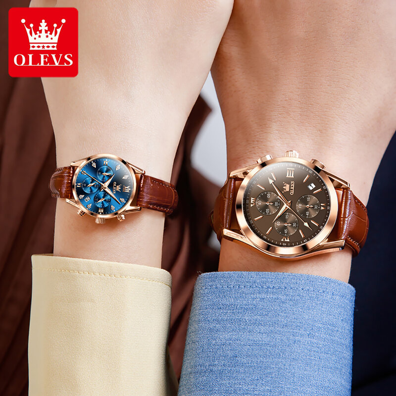 นาฬิกาควอตซ์โครโนกราฟหรูแบรนด์ของ OLEVS สำหรับผู้ชายผู้หญิงสายหนังนาฬิกาแฟชั่นปฏิทินเรืองแสงกันน้ำ
