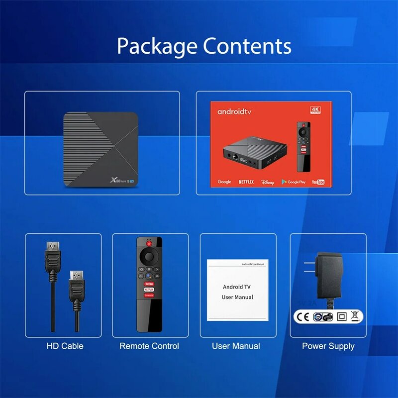 Wopker 스마트 TV 박스, 블루투스 5.0 음성 리모컨, 유튜브 넷플릭스 셋톱 박스, ATV X88 미니 13 TV, 안드로이드 13, 8K RK3528, WiFi6