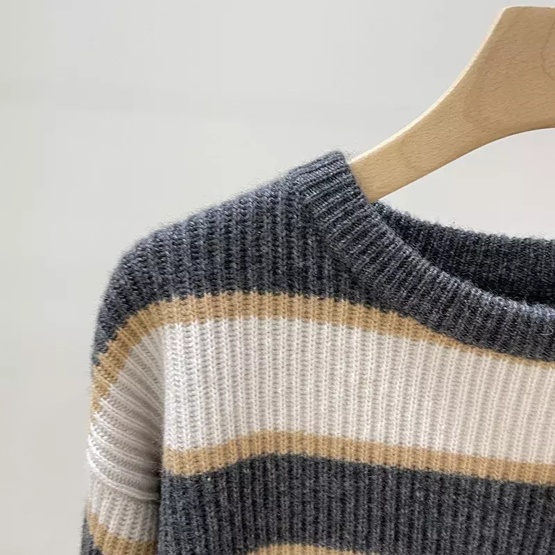 Sweter damski kontrastowy, w paski z okrągłym dekoltem na co dzień, jesienna kaszmirowy, dzianinowy krótkie swetry