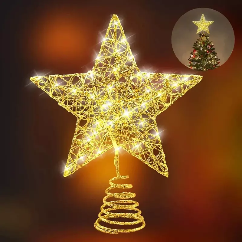 Adorno de hierro con purpurina para árbol de Navidad, estrella con luces LED de alambre de cobre, decoración de Feliz Navidad, adornos para el hogar
