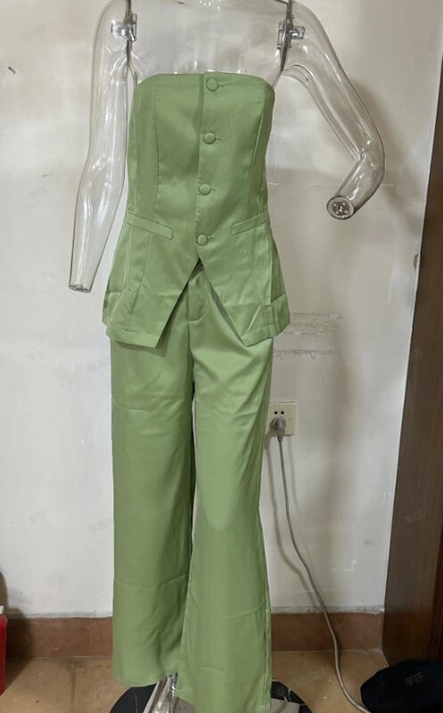 Женский комплект из двух предметов, однотонный однобортный Топ с разрезом и широкие брюки с высокой талией